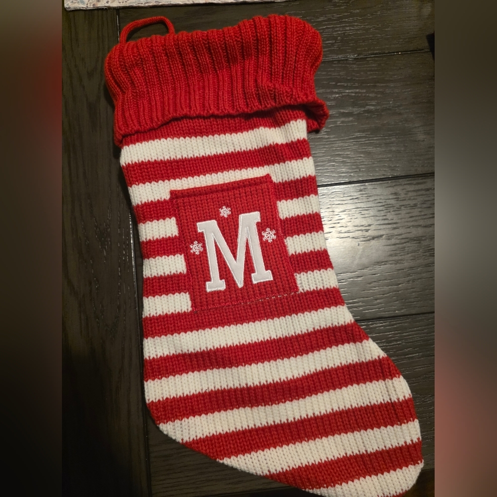 Red and White Striped Knit Christmas Stocking - Monogram M